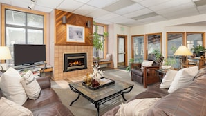 Flat-screen TV, fireplace
