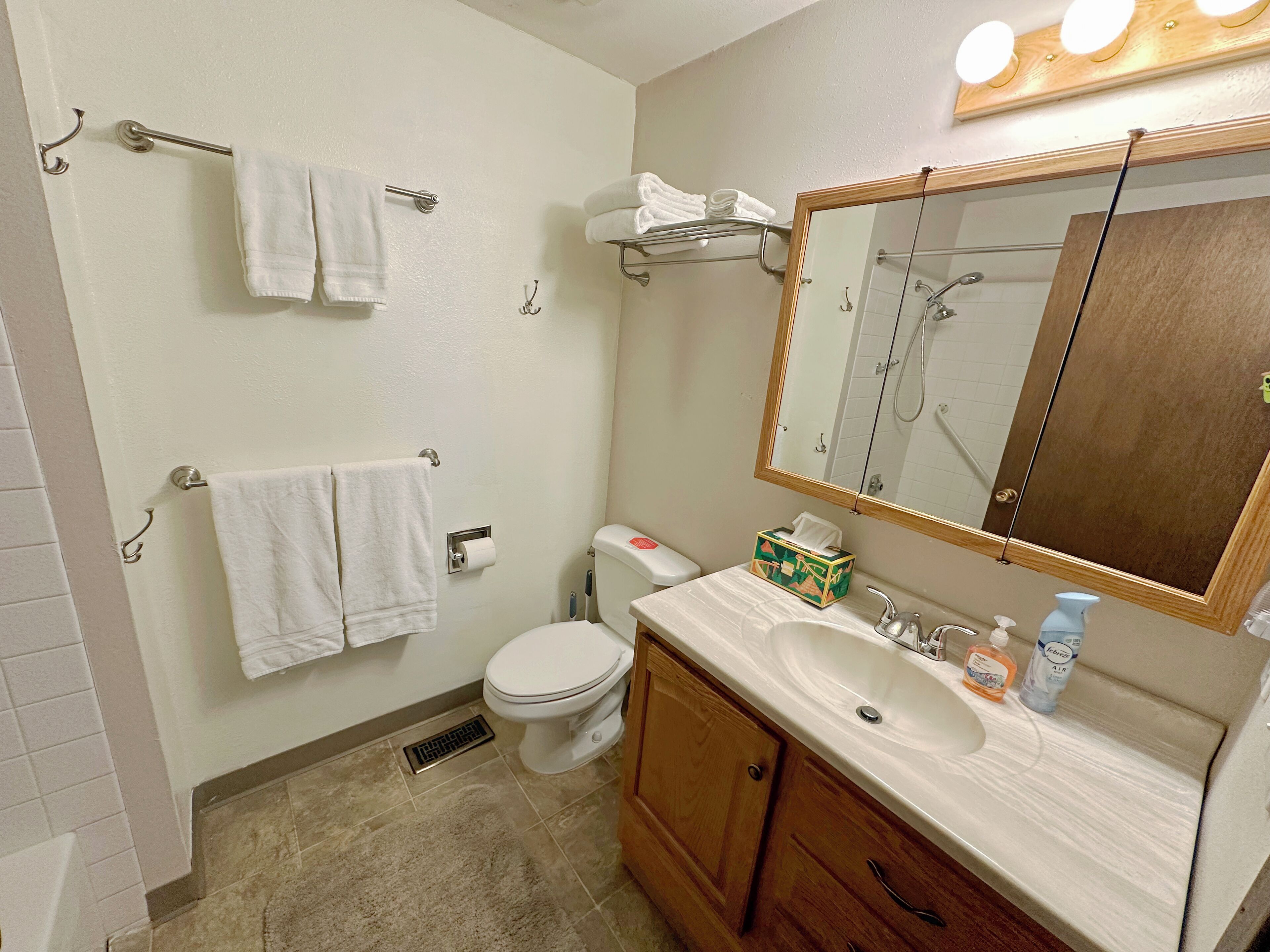 A bathroom with a toilet, sink, mirror, and towel rack.