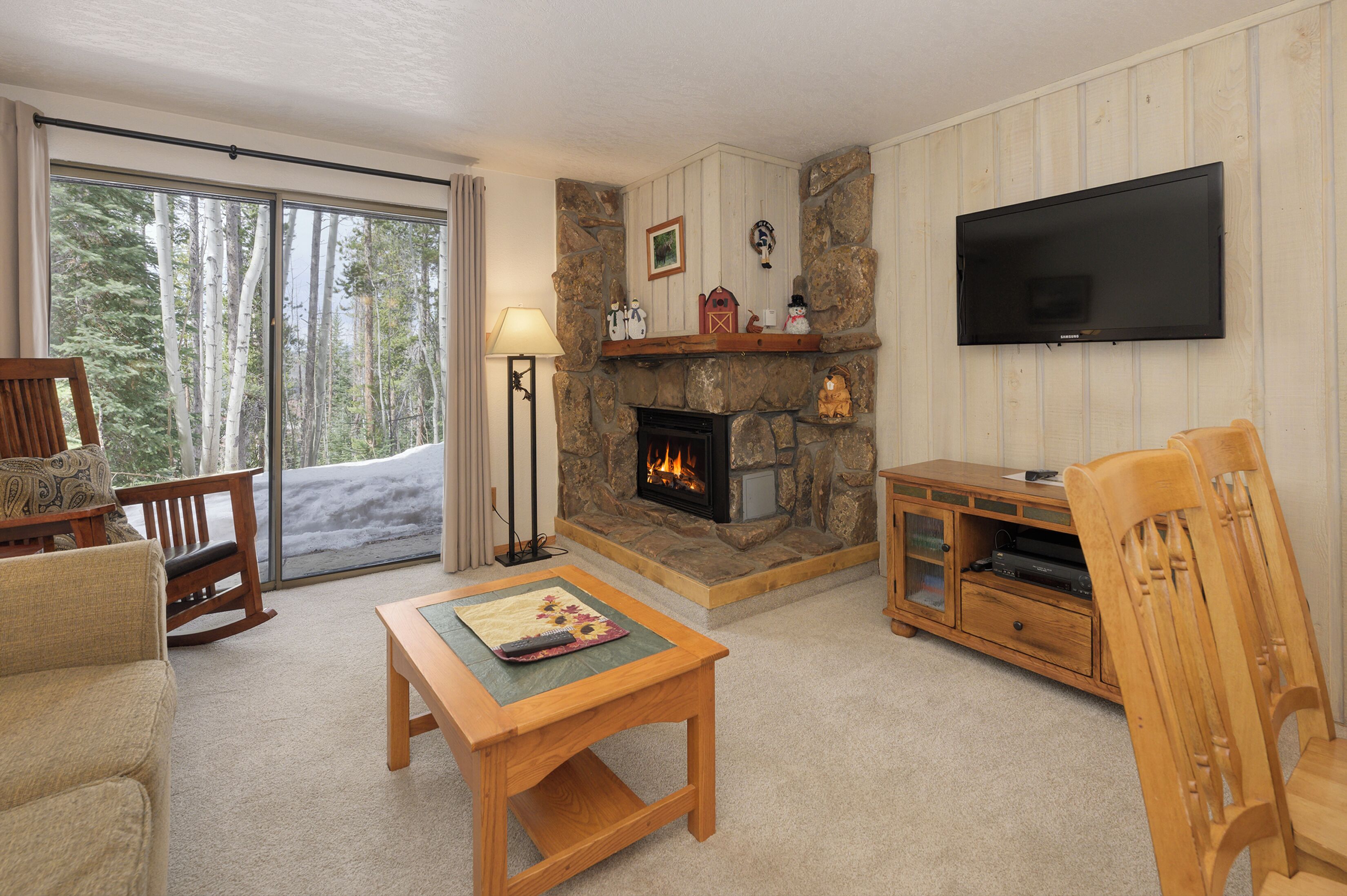 Flat-screen TV, fireplace