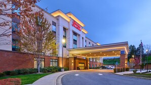 Entree van een Hampton Inn & Suites hotel, met een vrijliggend fietspad, een gevel van baksteen en een uitnodigende ingang.