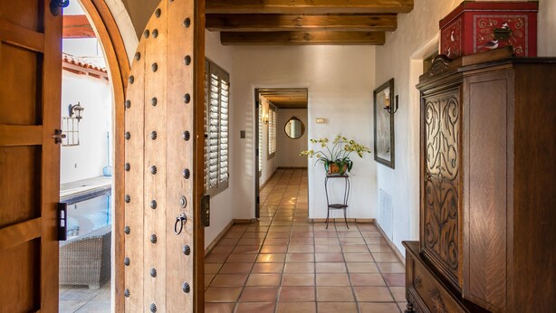 A hallway with a wooden door, a tiled floor, a cabinet, and a potted plant.
