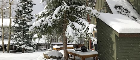 Escape to a serene winter wonderland surrounded by evergreen trees and a cozy cabin with a wooden deck.