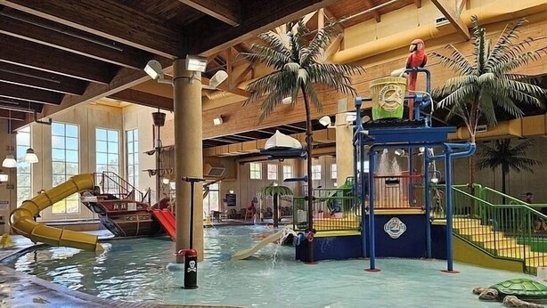 An indoor water park with slides, a play structure, and palm trees.