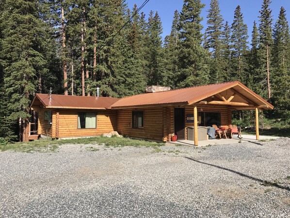 A log cabin with a metal roof, a porch, and a fireplace. - Remodeled log cabin on the creek! (Idaho Springs)