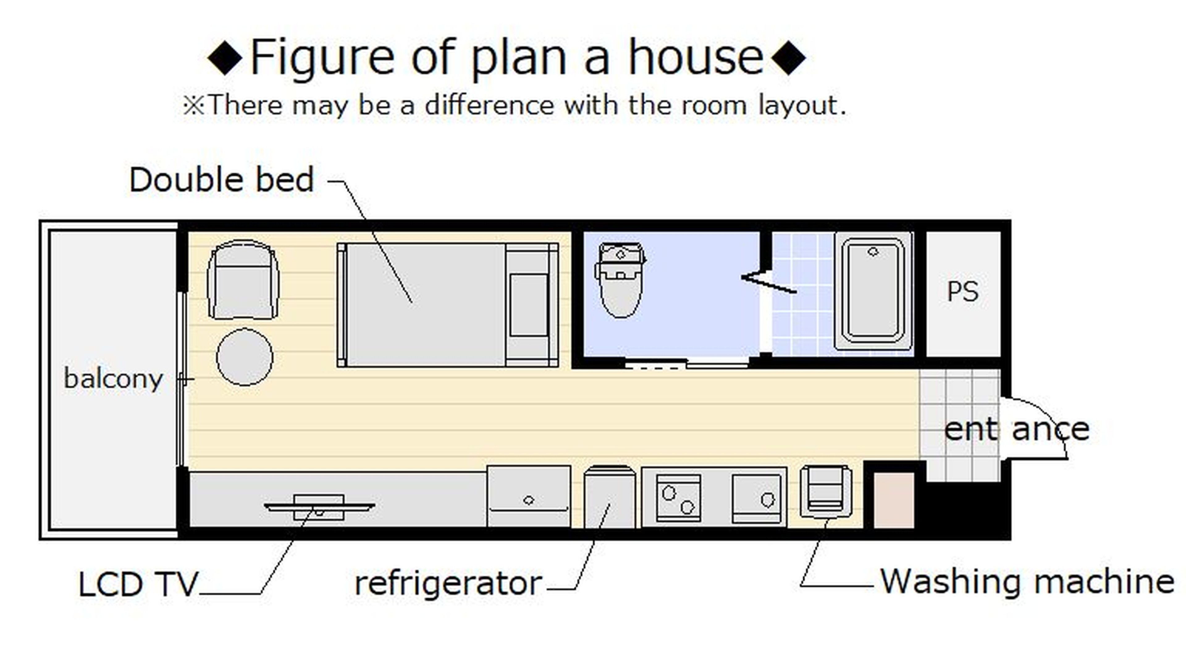 Plano de planta de una casa con cama doble, balcón, televisor LCD, refrigerador, lavadora y una PS.