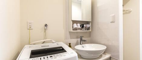 A compact bathroom with a front-loading washing machine, a sink, and a mirror above it.