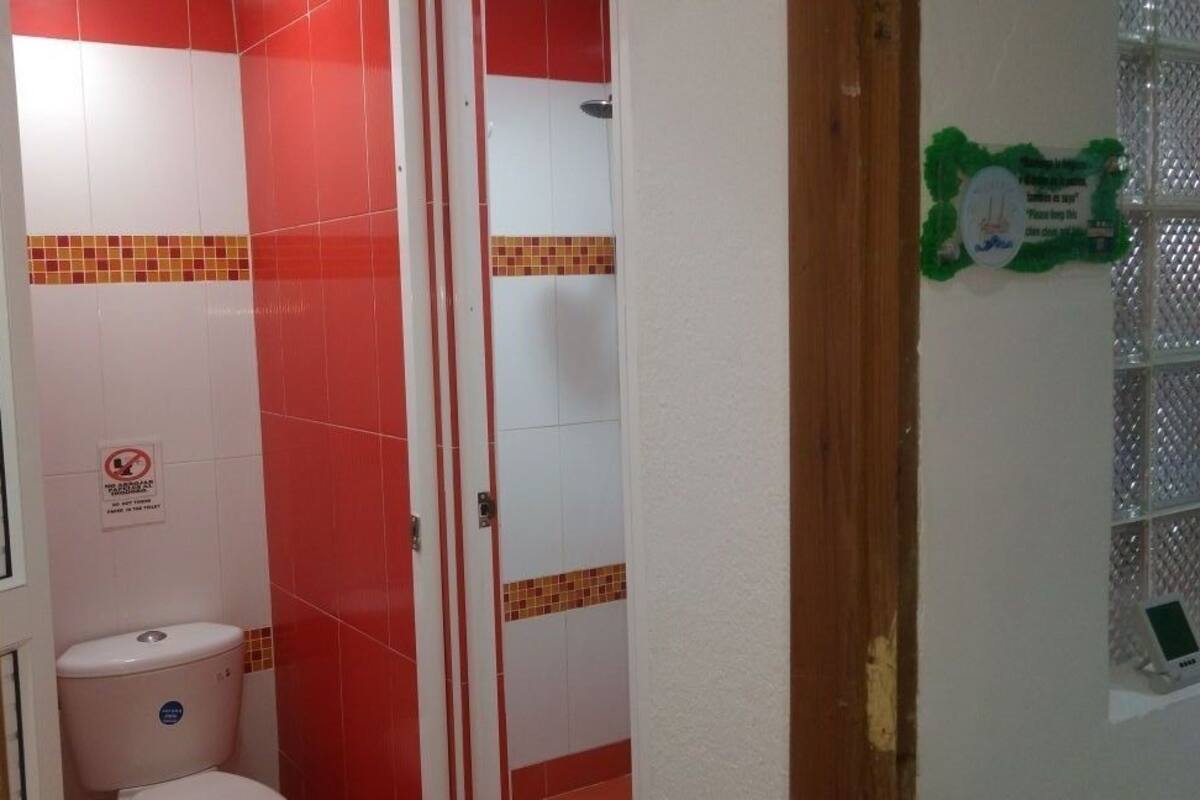 Combined shower/bathtub, towels