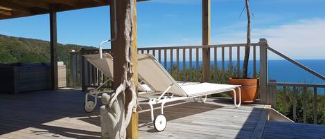 A wooden deck with a lounge chair and a potted plant, overlooking a scenic view.