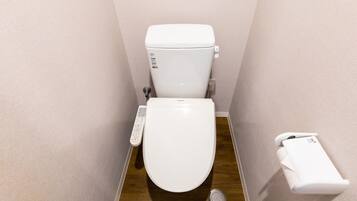 A small, modern bathroom with a white toilet, a control panel, and a toilet paper holder.