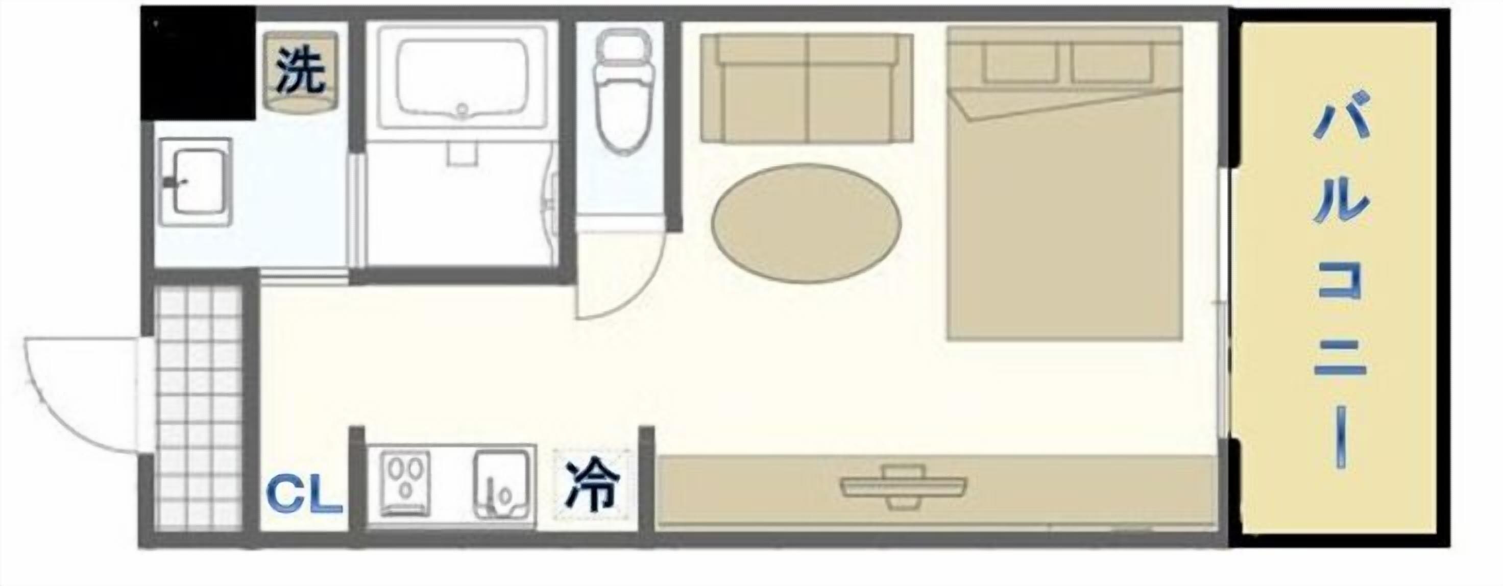 A hotel room layout with a bathroom, a living area, a dining area, and a bedroom.
