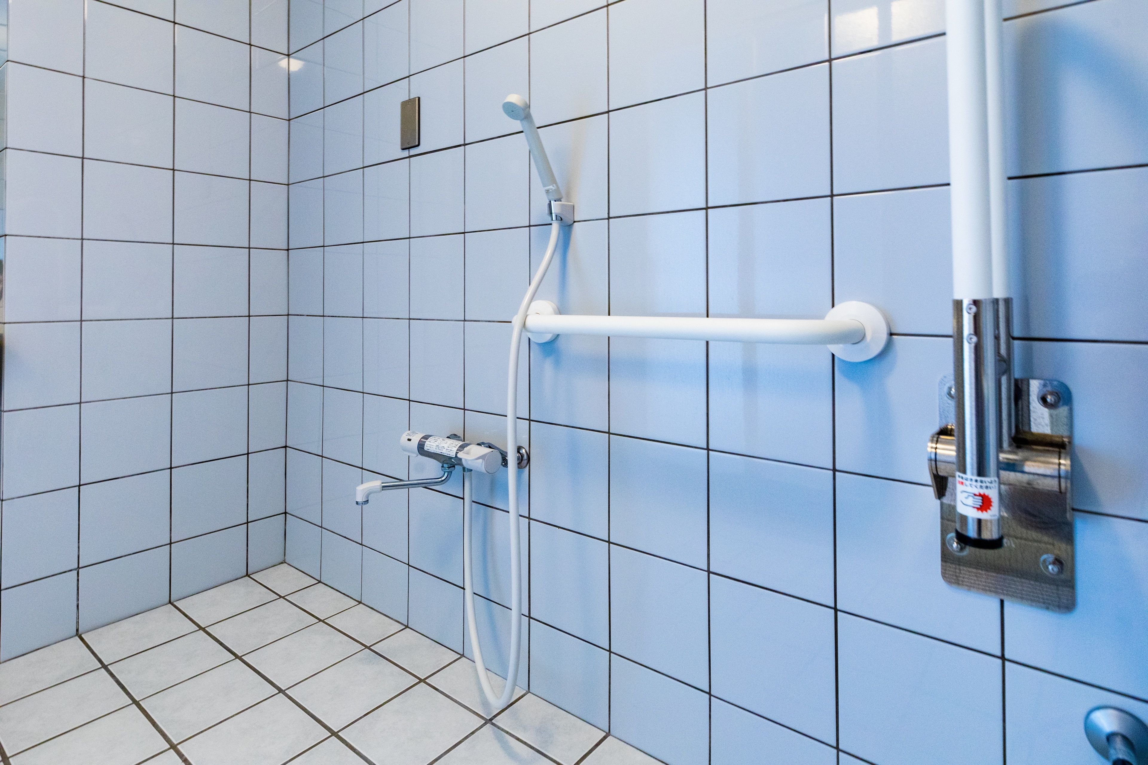 A bathroom with blue tiles, a white showerhead, and a handheld shower attachment.