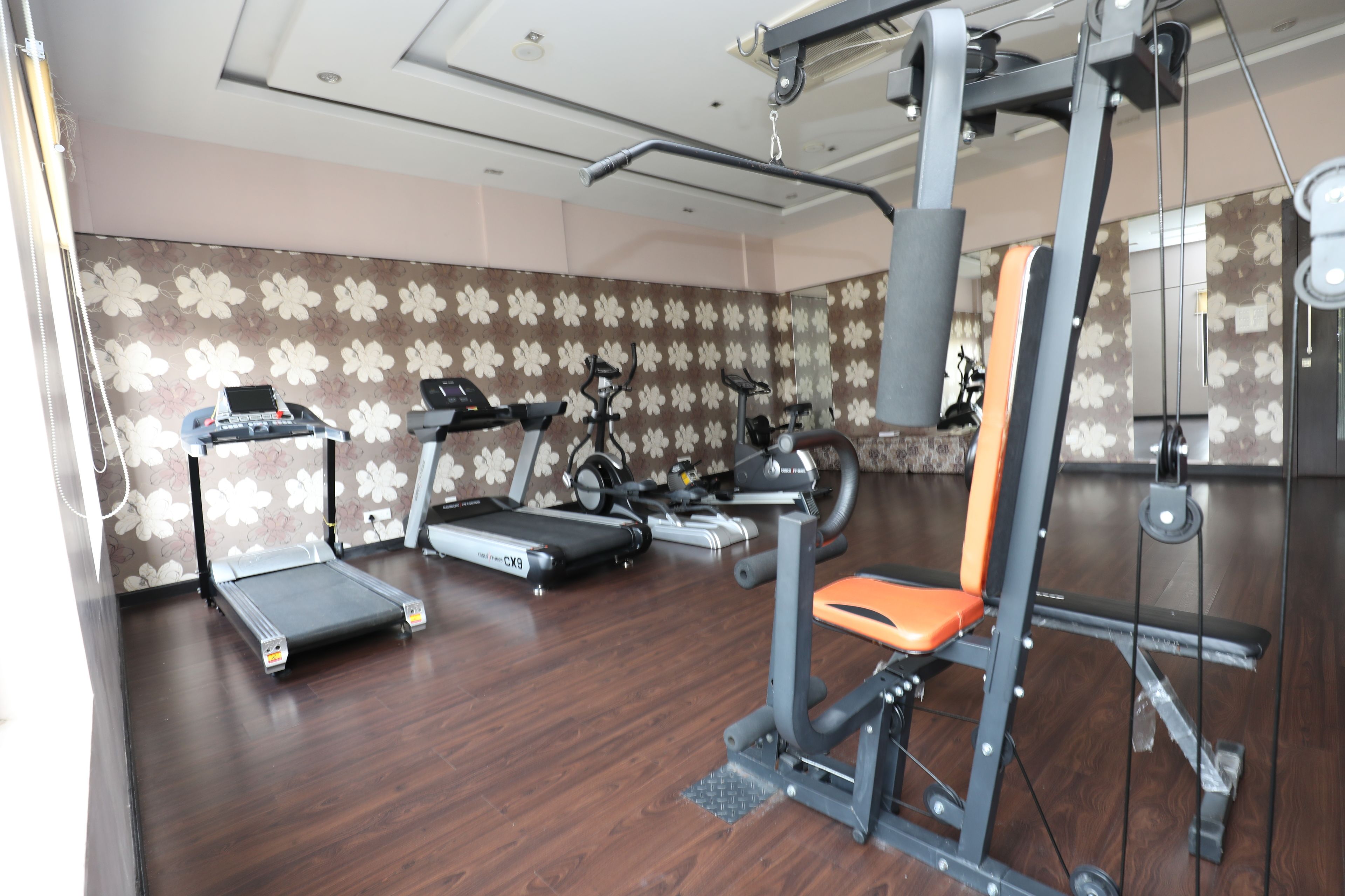 A gym with treadmills, stationary bikes, and weight machines.