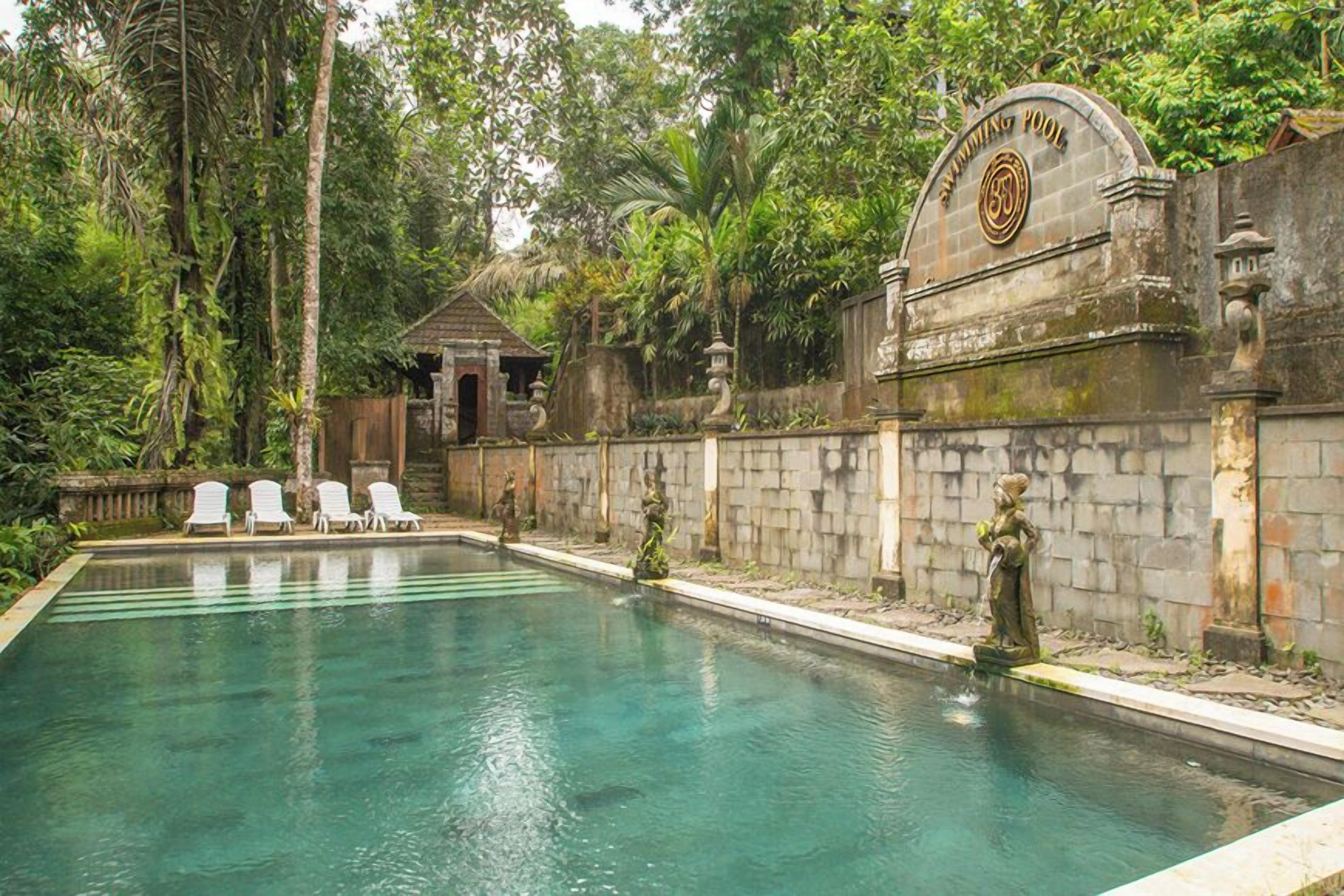 Piscina com muro de pedra e uma estátua, cercada por vegetação exuberante.