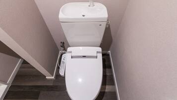 A white toilet with a control panel and a bidet attachment.