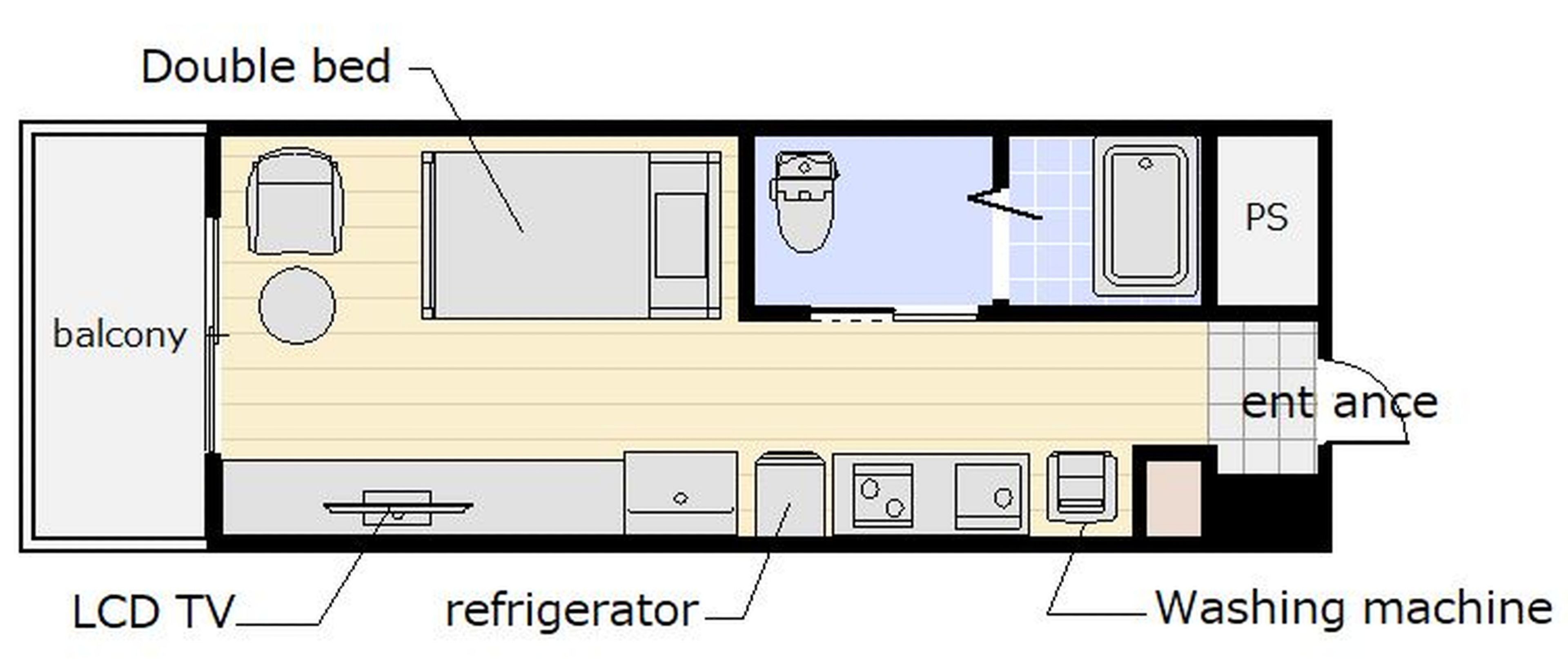 Distribución de habitación con cama doble, balcón, televisor LCD, refrigerador, lavadora y una PS.