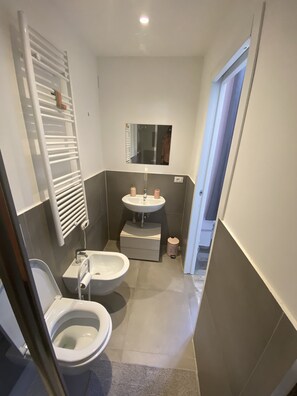 Een douche, een haardroger, een bidet, handdoeken