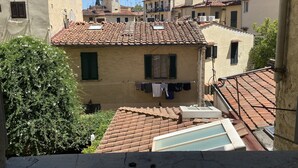 Un quartier résidentiel avec des toits recouverts de tuiles en terre cuite, un fil à linge et un mur en briques.