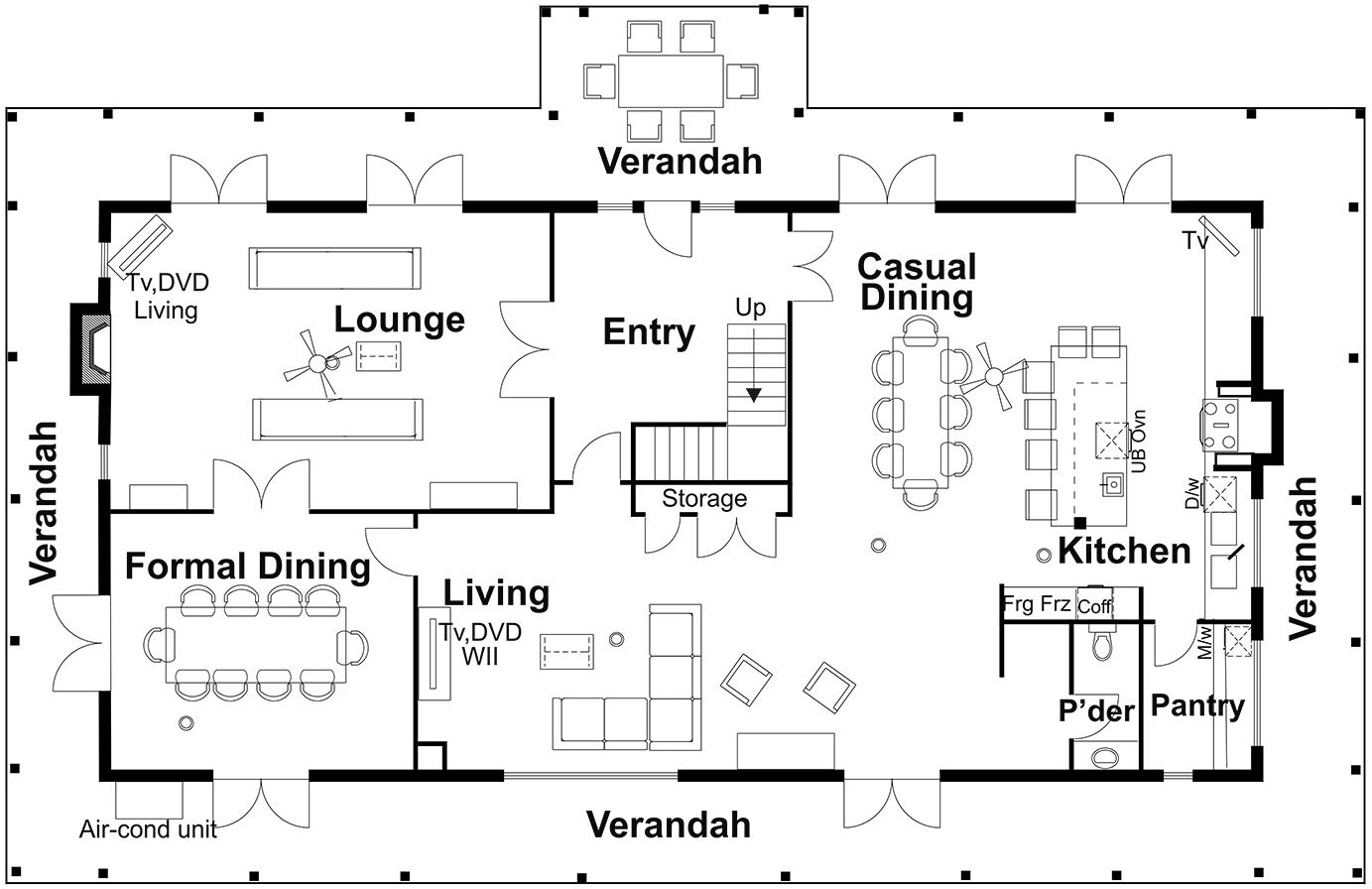 Een plattegrond van een hotel met een lounge, een formeel restaurant, een informele eetruimte, keuken, provisieberging, opslag, entree en een airconditioningunit.