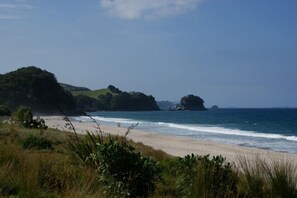A beach with a sandy shore, grassy areas, and rocky outcrops in the background.