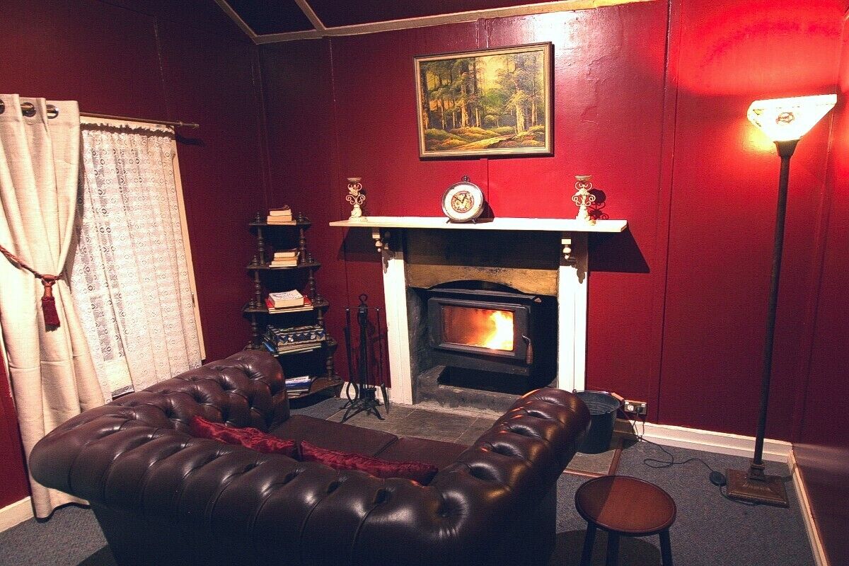 Una sala de estar acogedora con chimenea, sofá de cuero y una estantería.