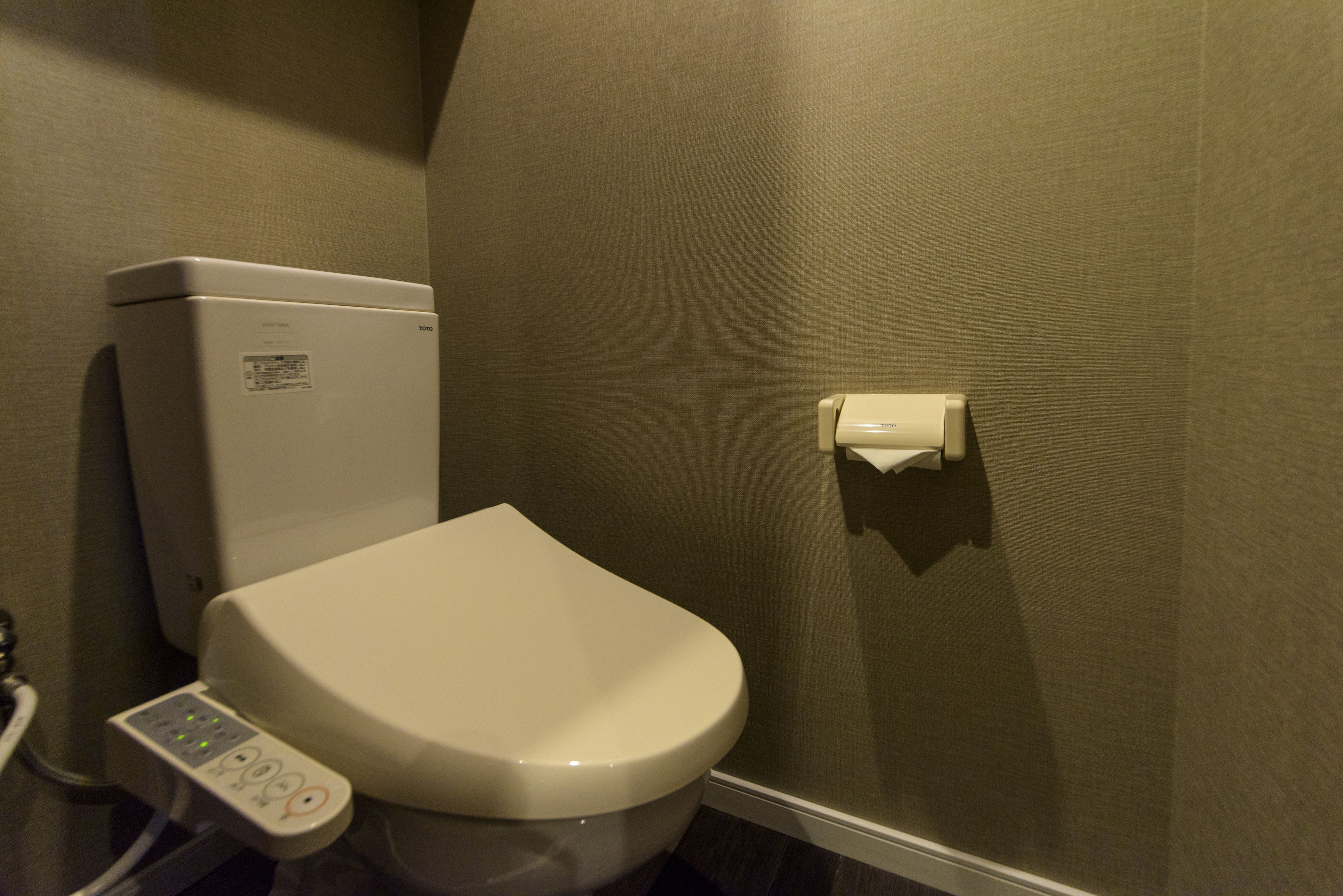 Inodoro con panel de control, accionador de descarga en la pared y dispensador de papel higiénico.