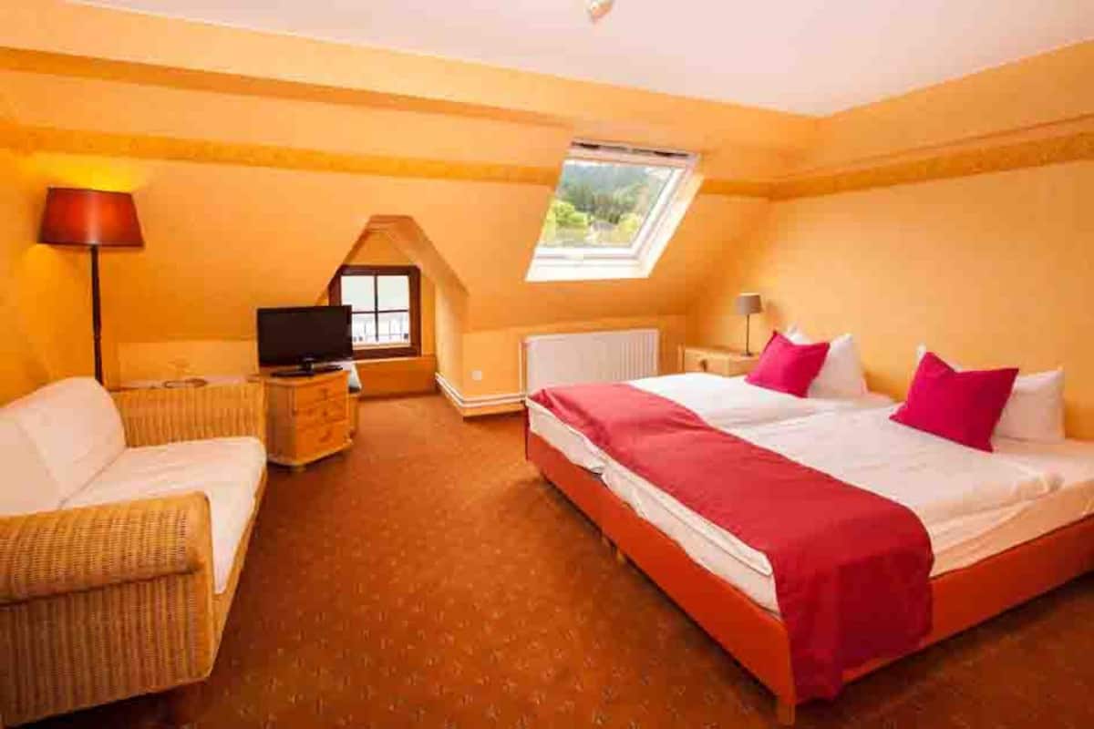 Ein Hotelzimmer mit Bett, einer Couch, einem Fernseher und einem Fenster.