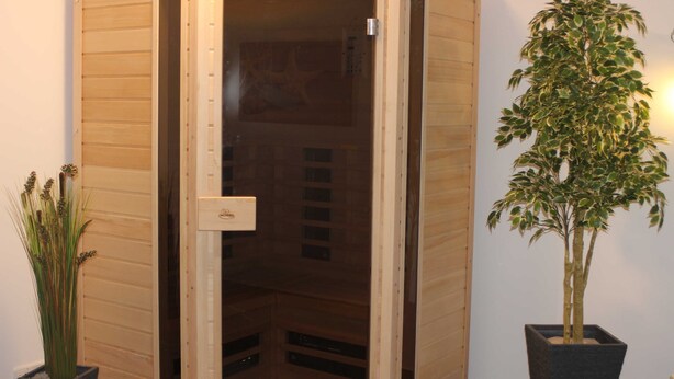 A sauna with a wooden exterior, a door, and a potted plant beside it. - Residenz Ostseestrand Nr. 11 - Residenz Ostseestrand Whg. 11with balcony (Scharbeutz)