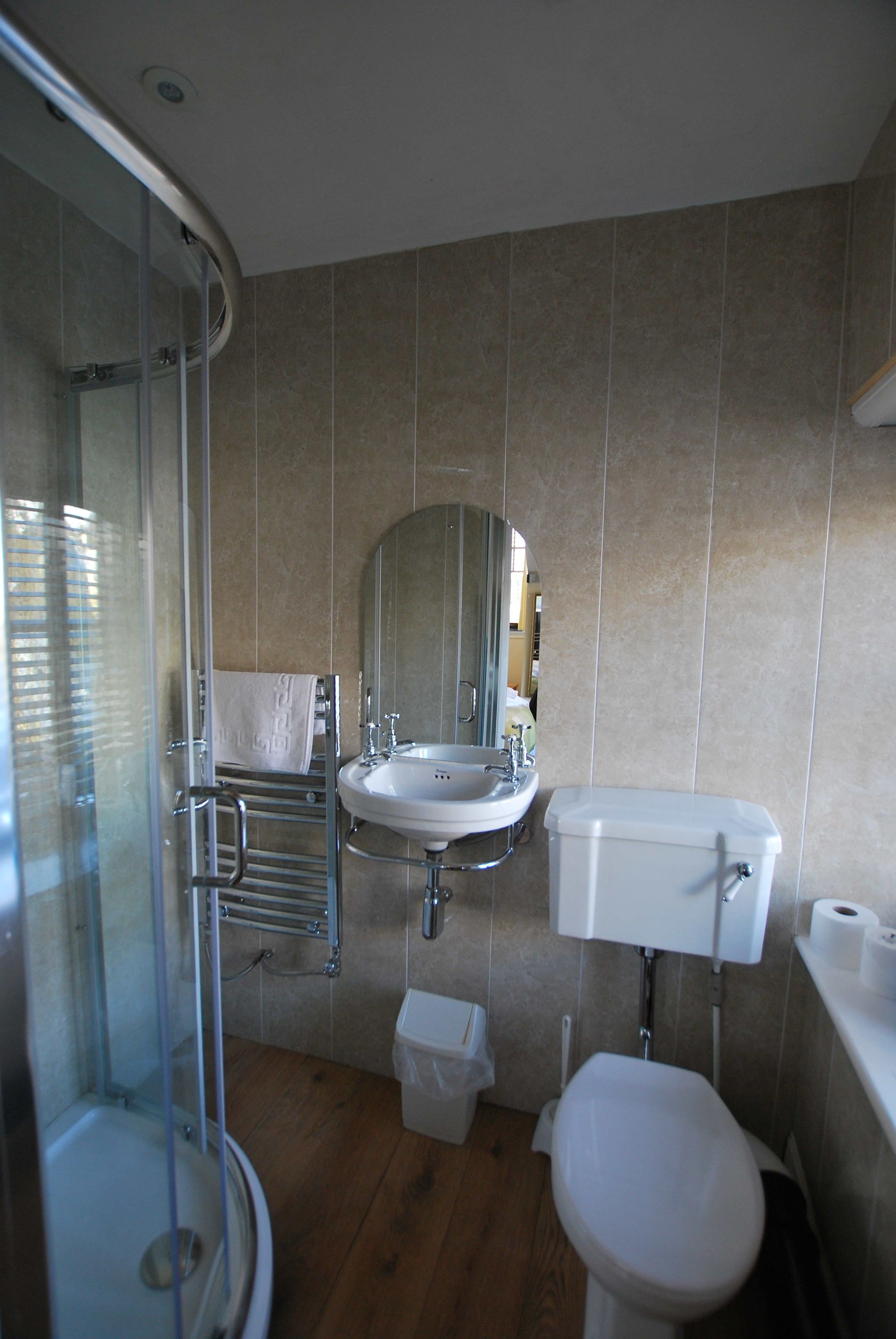 A bathroom with a glass shower enclosure, a sink, a toilet, and a mirror.