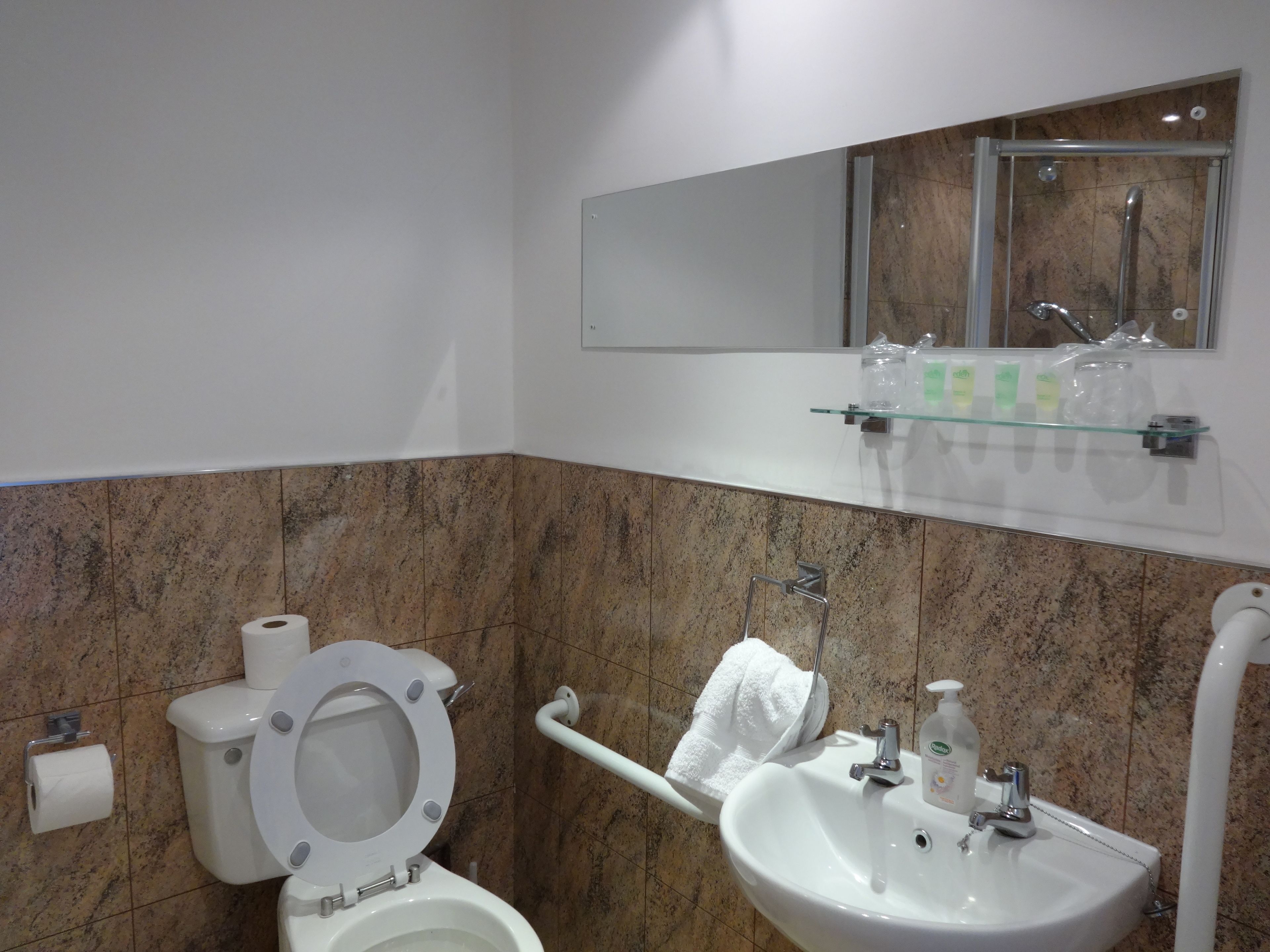 Un bagno con il water, un lavandino e uno specchio.