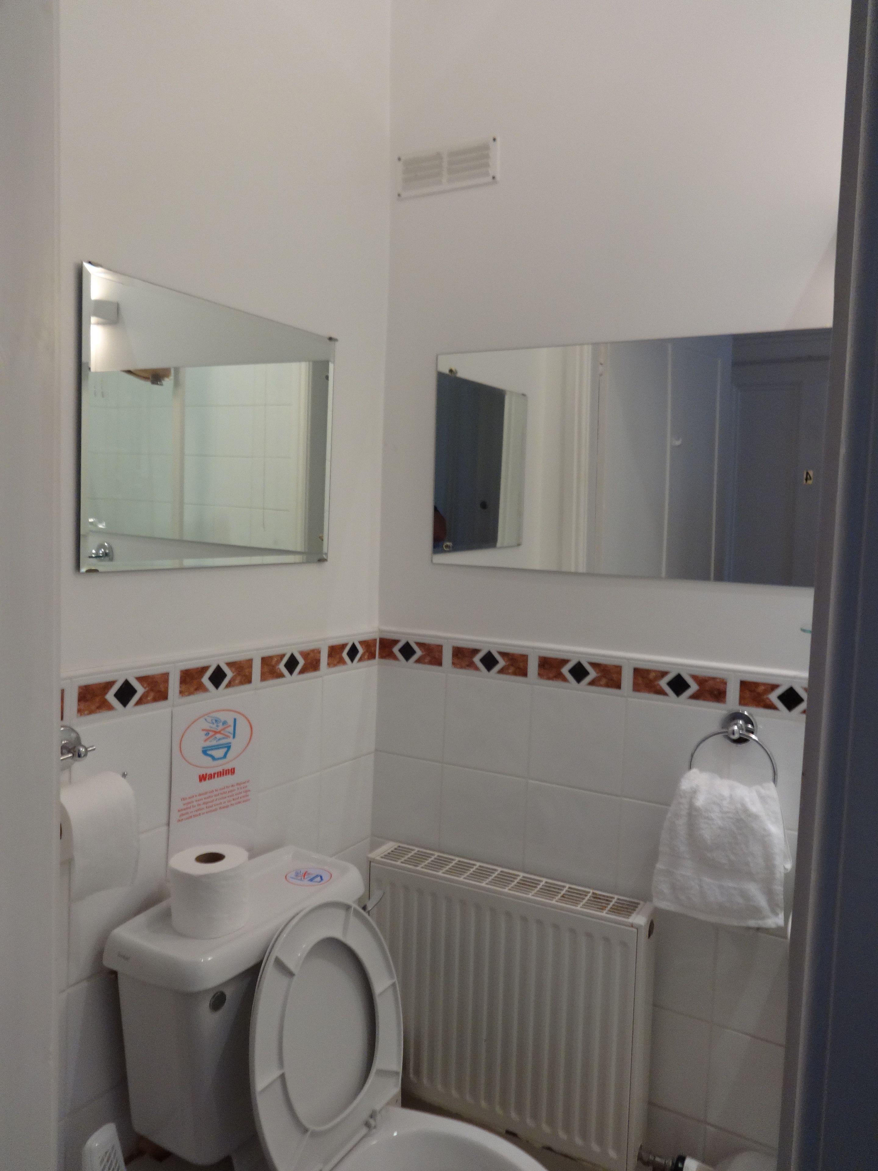 A bathroom with a toilet, a towel rack, and two mirrors.
