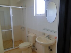 A bathroom with a toilet, sink, and shower.