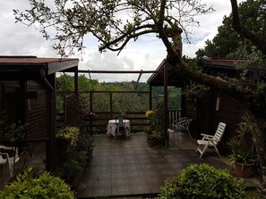 En overdækket terrasse med et bord og stole, omgivet af krukker med planter og et stort træ.