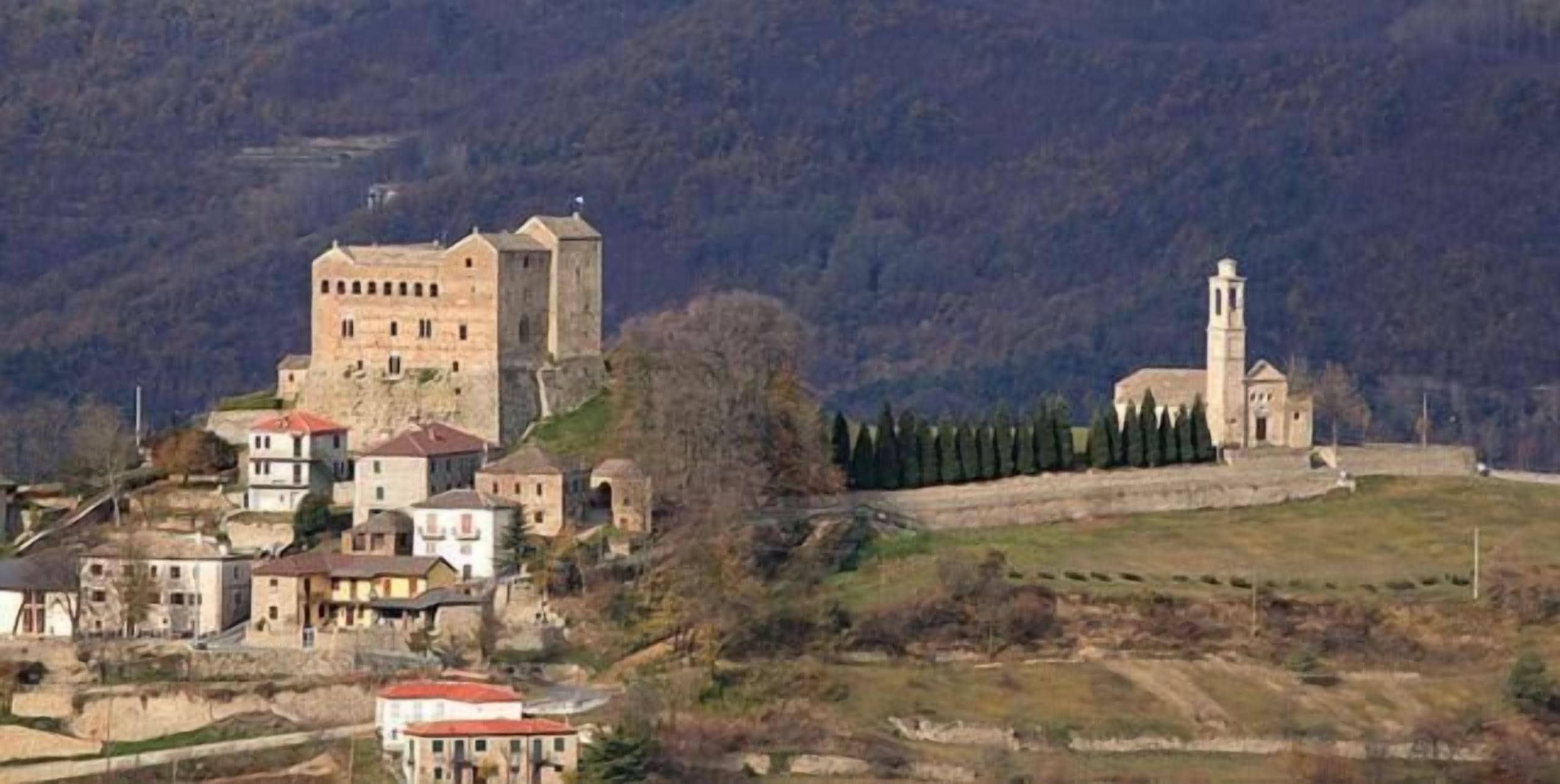 Un castillo histórico con una iglesia, rodeado de edificaciones residenciales en una colina.