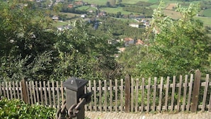 Paisaje rural con valla de madera, portón metálico y vista a un pueblo con casas y vegetación.