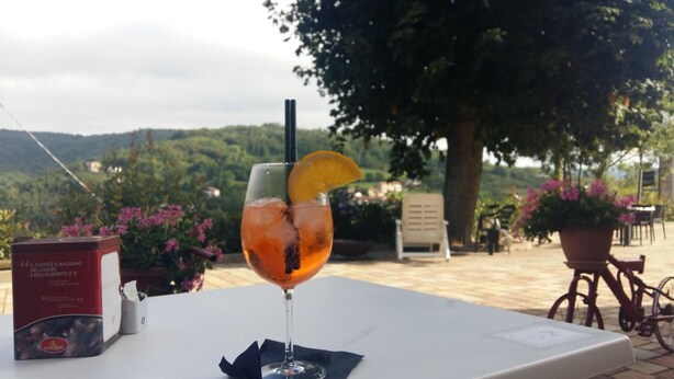 Una mesa con una bebida, una caja y vistas a un jardín y colinas.