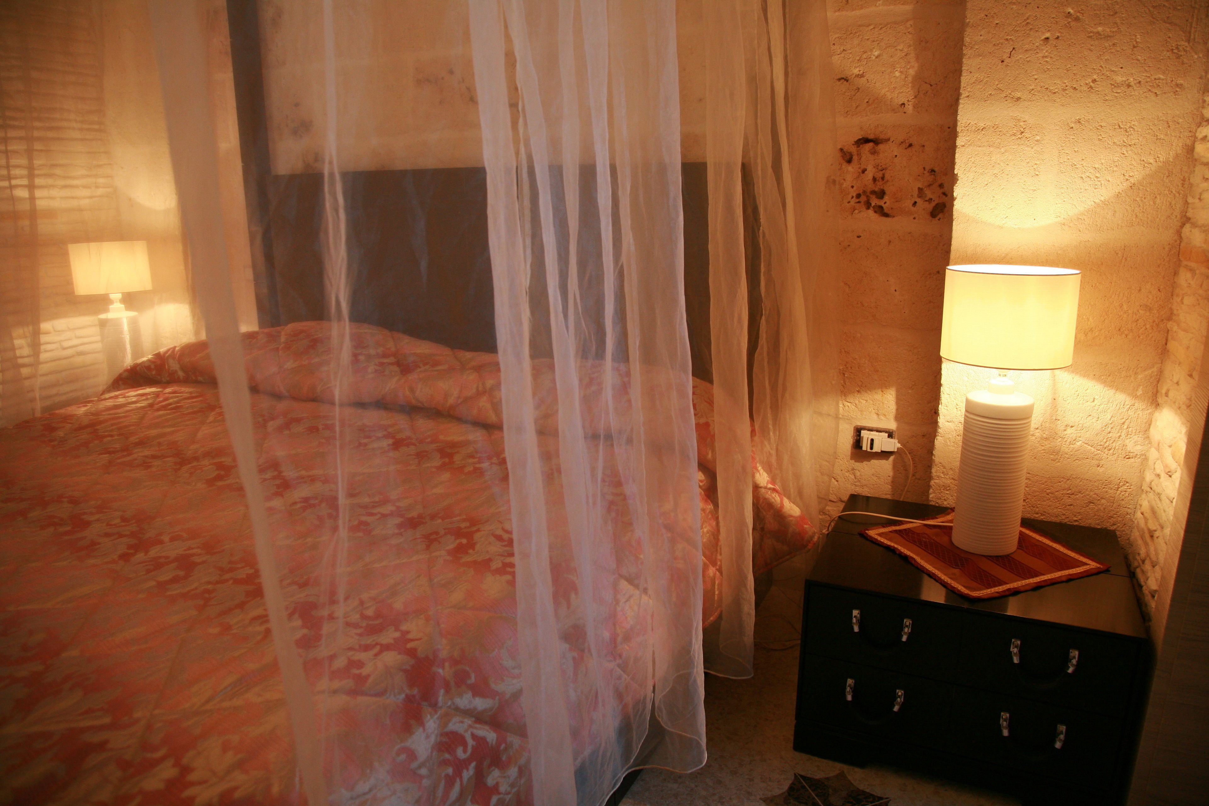 A bed with a canopy, a bedside lamp, and a wall-mounted nightstand with a lamp.