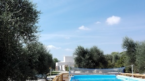A swimming pool with a wooden fence, surrounded by trees and a building in the background.