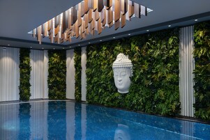 Indoor pool, open 7:00 AM to 8:00 PM, sun loungers