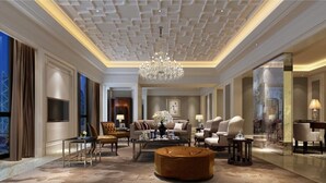 A spacious hotel lobby with a high ceiling, a large chandelier, and a modern seating area. - Sanyu Grand New Century Hotel (Wenzhou)