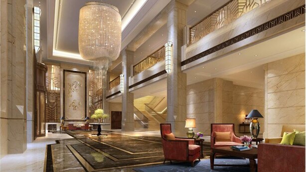 A spacious lobby with a grand chandelier, marble flooring, and a seating area with armchairs and a sofa. - Sanyu Grand New Century Hotel (Wenzhou)