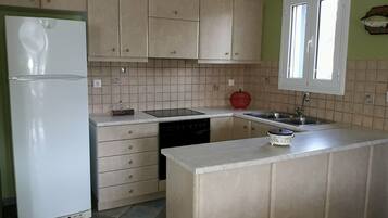 Full-sized fridge, oven, stovetop, electric kettle