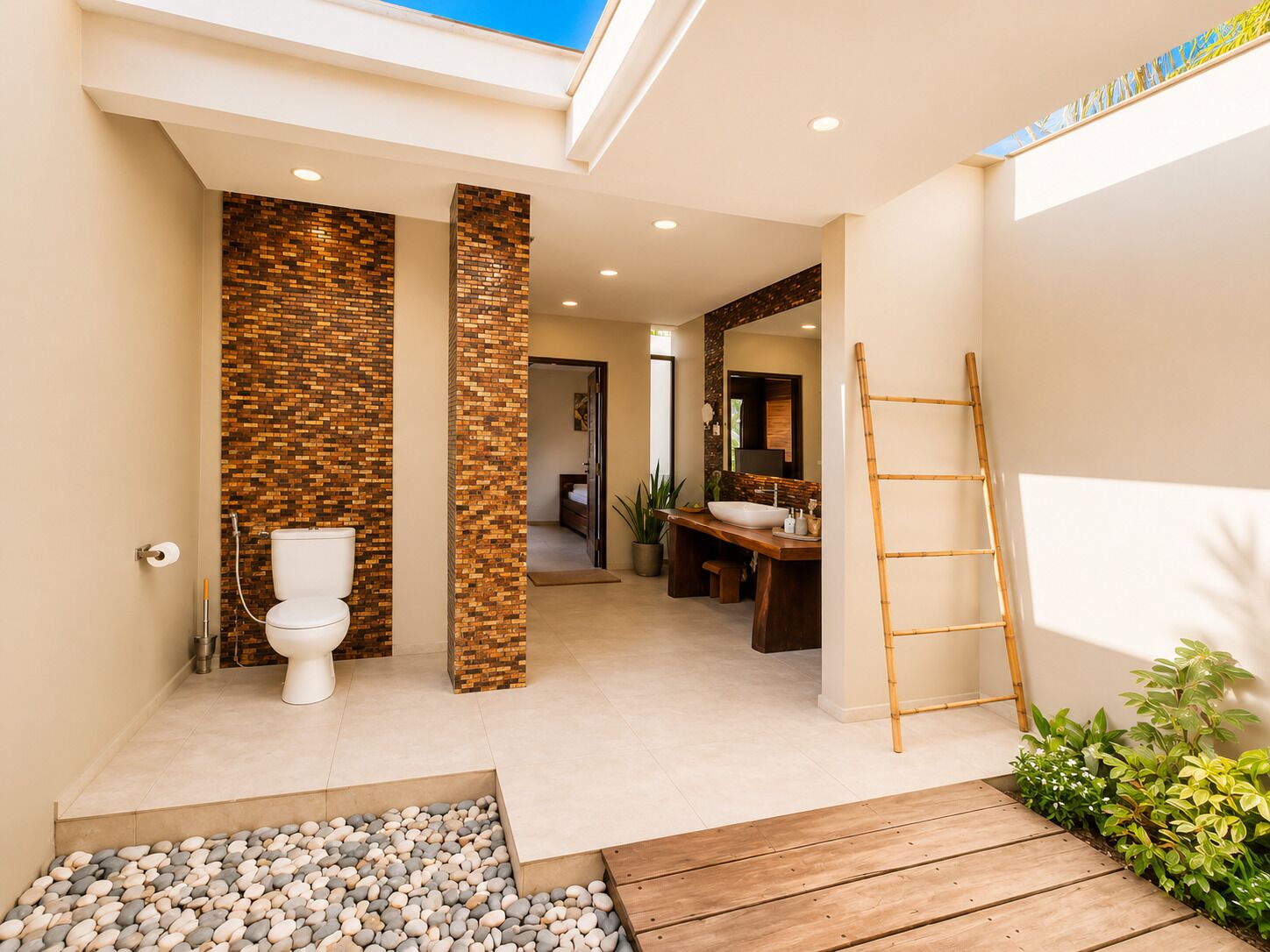 Une salle de bain moderne avec des toilettes, un lavabo et un espace douche. On y trouve une échelle en bois et un petit coin jardin agrémenté de galets et de plantes.