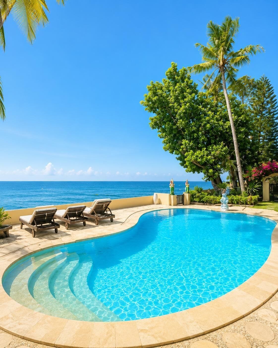 A curved pool with lounge chairs, a statue, and a view of the ocean.
