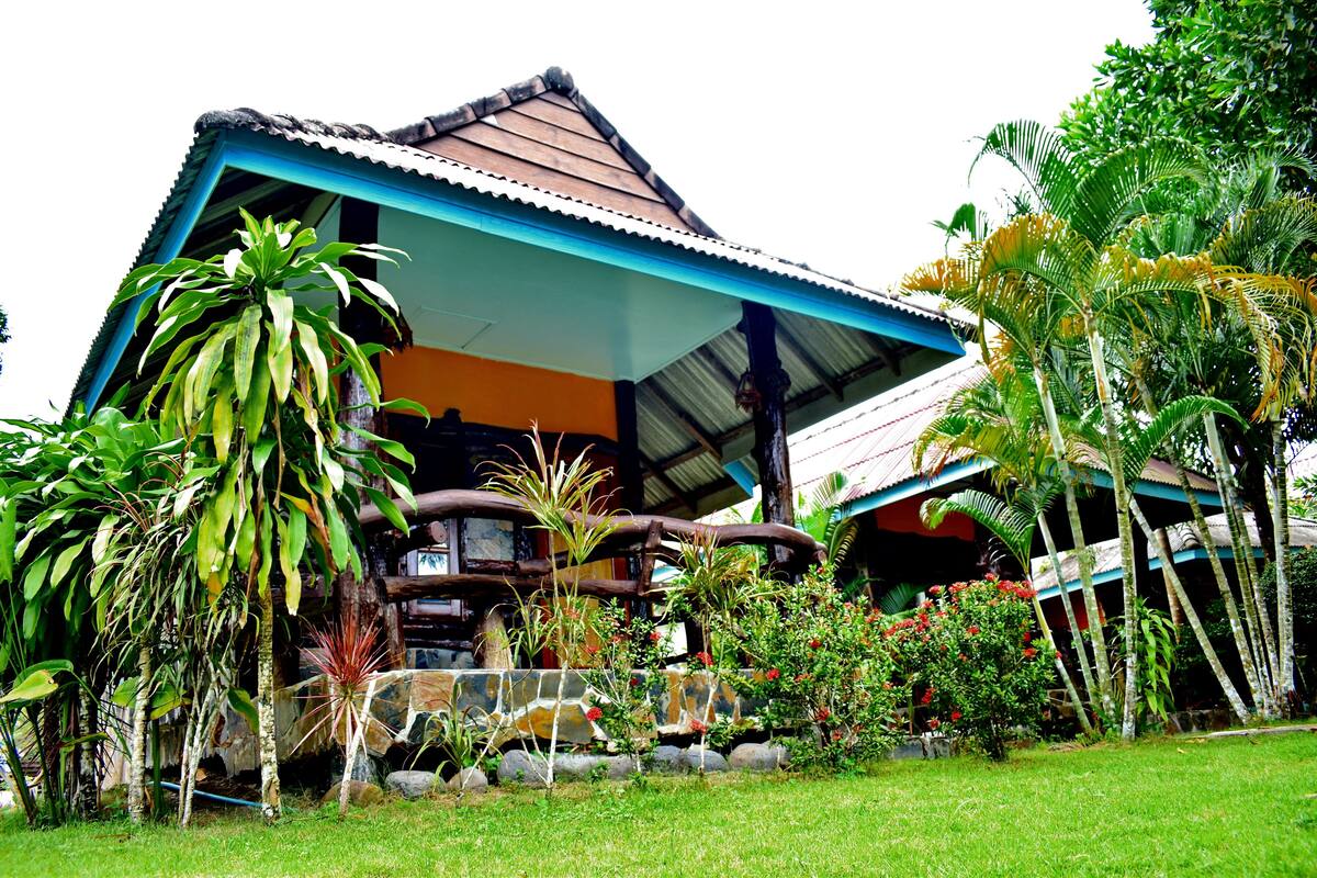 A house with a sloped roof, surrounded by lush greenery and tropical plants.