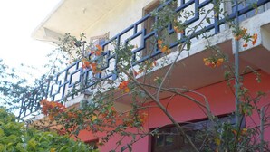 A building with a balcony, a red wall, and some greenery in front. - Yoho The Train View (Nanuoya)