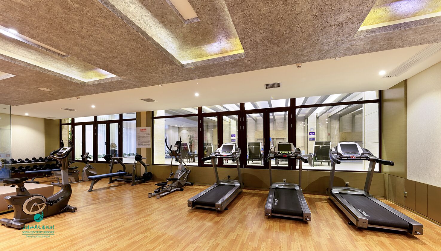 Un gimnasio con cintas de correr, elípticas y pesas sueltas.