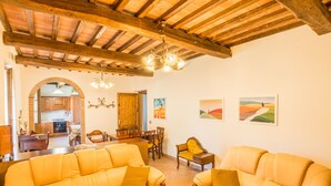 A spacious living room with yellow sofas and a wooden ceiling. - Agriturismo Cantagalli (San Quirico d'Orcia)