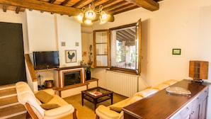 A cozy living room with a fireplace, leather sofas, a coffee table, and a TV. - Agriturismo Cantagalli (San Quirico d'Orcia)