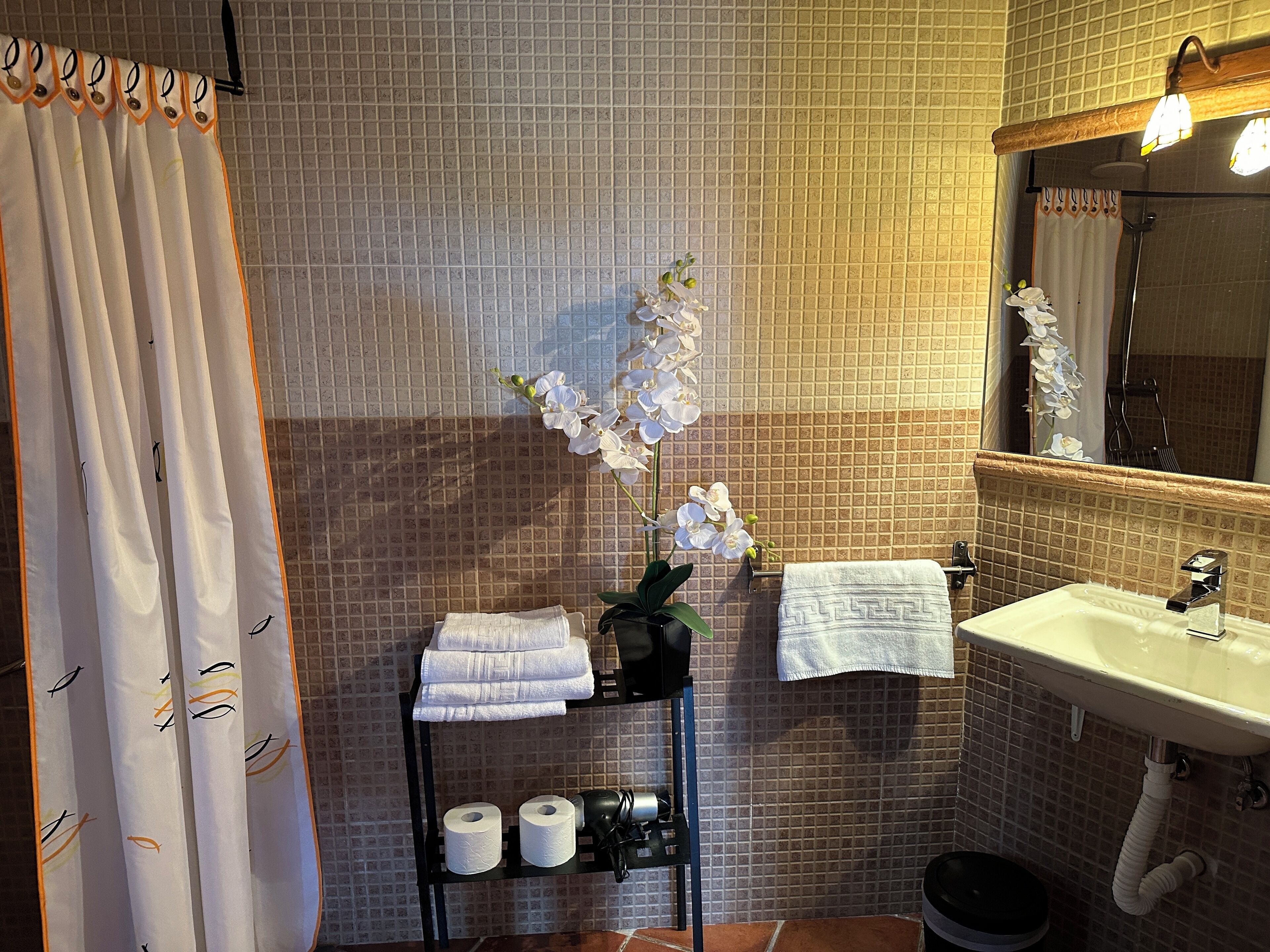 A bathroom with a tiled wall, a sink, a mirror, a towel rack, and a shelf with toiletries.