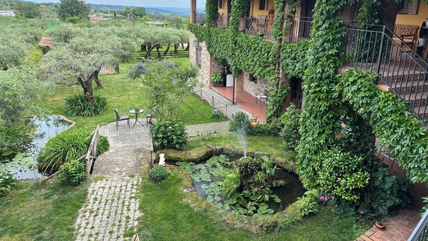 A villa with a lush garden, a pond, and a view of the countryside. - Casa Rural La Covacha (Losar de la Vera)